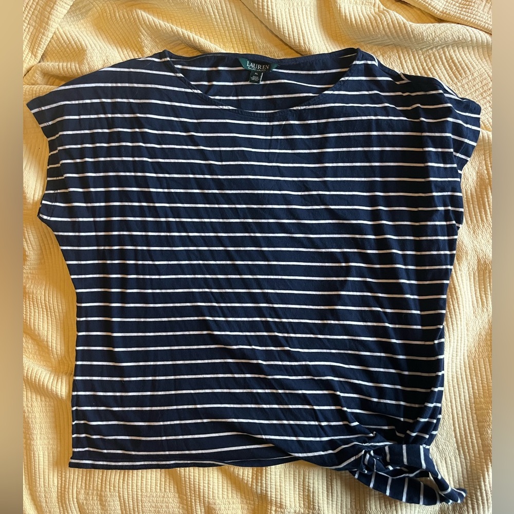 Ralph Lauren Navy and White Striped Short-Sleeve Tie-Hem Top